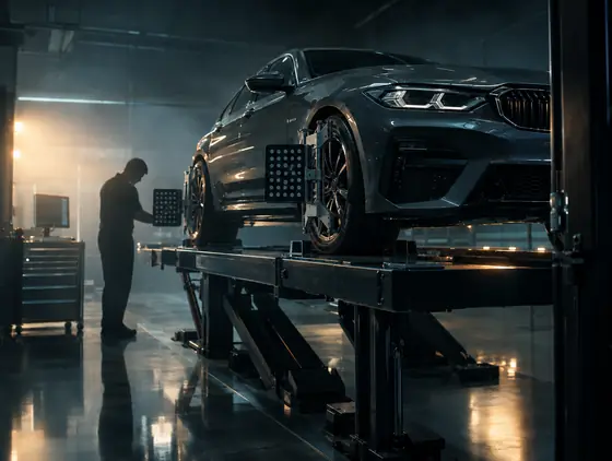 Car raised on a four-wheel alignment lift with target boards clamped to the wheels
