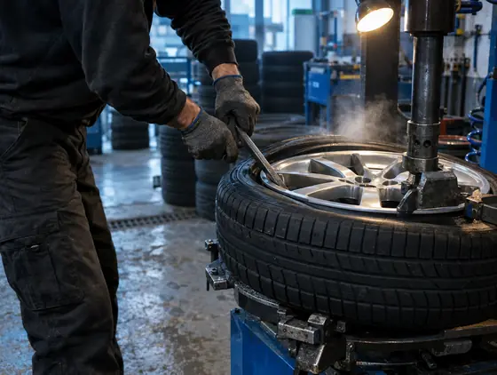 Gloved hands fitting a new tyre onto a silver alloy wheel on the tyre machine