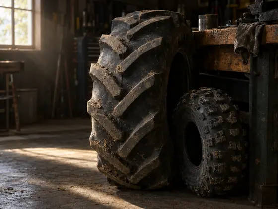 Large agricultural tyre and a quad bike tyre leaning against a workshop bench