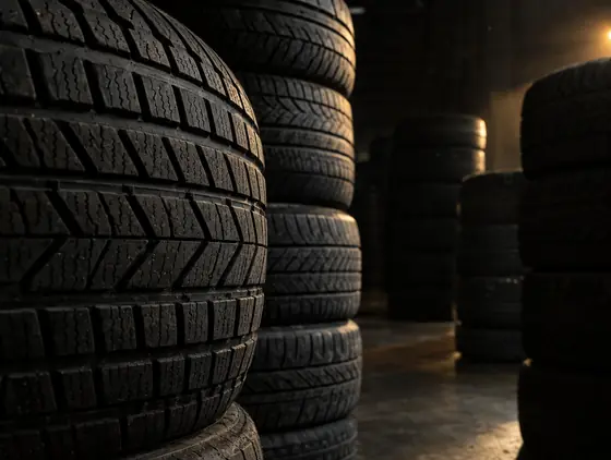 Stacks of brand new tyres with the tread pattern lit from the side